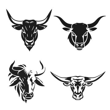 Set of bull heads in different styles isolated on white. strong animal symbols for branding and design. bull head, strong animal, cattle emblem, farm livestock