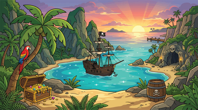 Pirate island landscape vector illustration, tropical bay with pirate ship and treasure chest, cartoon skull cave at sunset beach background