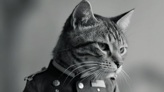 Tabby cat in military uniform with American flag patch. Feline soldier portrait in black and white. Historical military metaphor close-up