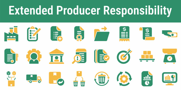 Commercial icon set for EPR fees collection reporting obligations take back systems and producer compliance Suitable for dashboards policy graphics waste systems and regulatory tools