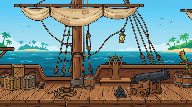 Cartoon pirate ship deck background, wooden sailing vessel with cannon and steering wheel, tropical island ocean landscape vector illustration