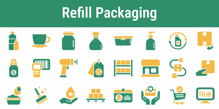 Relevant icon set for refill stations reusable containers return loops and packaging reuse programs Suitable for retail apps sustainability dashboards packaging services and delivery platforms