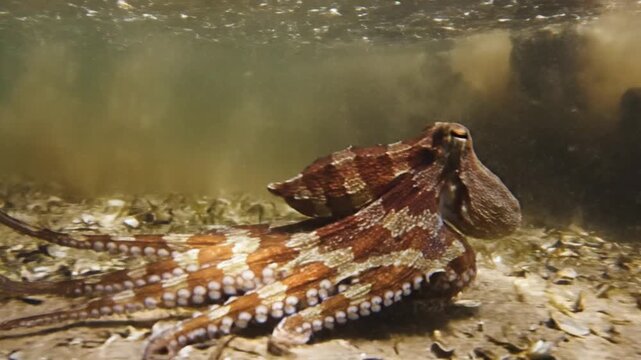 Octopus Moving on the Seafloor in a Triptych Collage