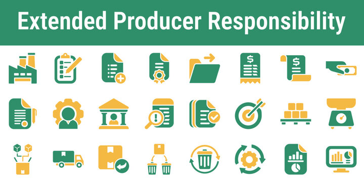 Commercial icon set for EPR fees collection reporting obligations take back systems and producer compliance Suitable for dashboards policy graphics waste systems and regulatory tools