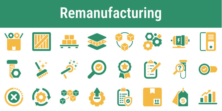 Relevant icon set for used product teardown part inspection refurbishment reassembly and resale Suitable for industrial dashboards repair systems workshop tools and circular manufacturing platforms
