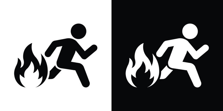 Vector icon depicting a person running away from flames. Symbolizes fire safety, emergency evacuation, hazard warnings, and urgent escape procedures. Suitable for public safety signage.