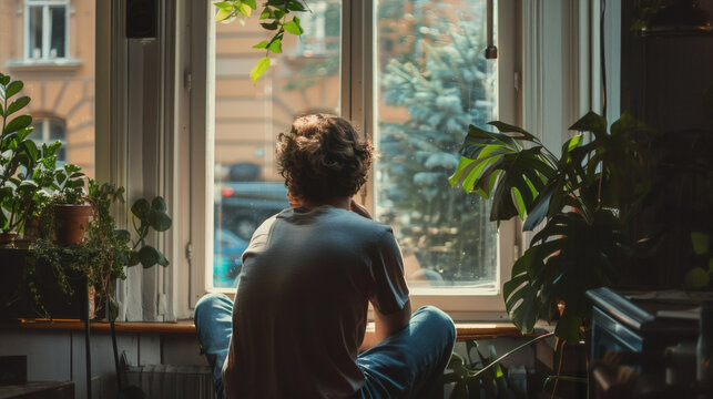 Person sitting by window and thinking in calm mood