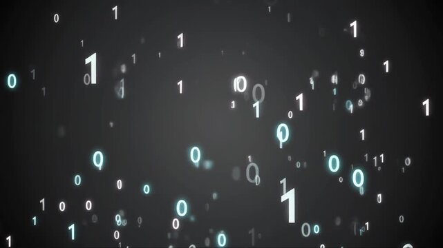 High-tech commercial stock video showing glowing cyan binary digits 1 and 0 floating and drifting smoothly through dark digital space.