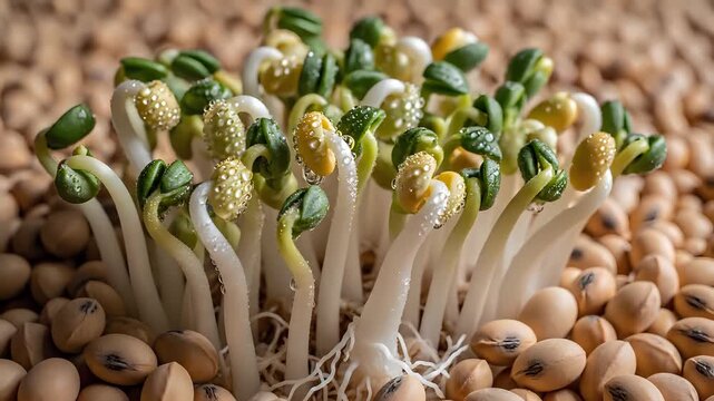 Closeup of fresh soybean sprouts growing amidst a bed of dried soybeans.