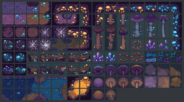 Pixel art game tileset for fantasy cave environments, glowing mushroom forest level design, underground dungeon platformer assets, 2D vector sprites