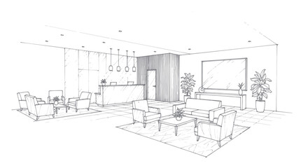Modern Office Waiting Area and Reception Sketch. © Dika