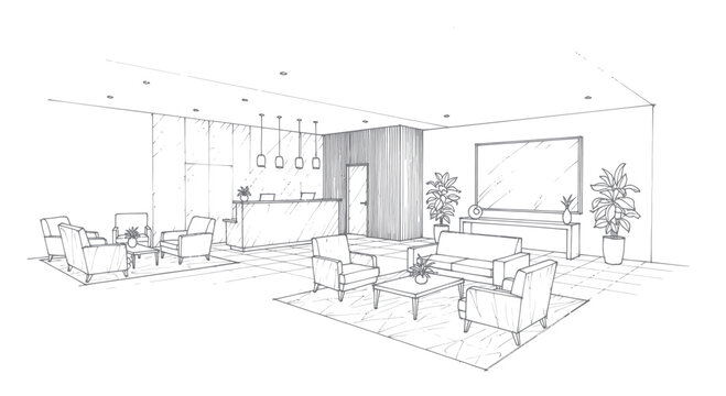 Modern Office Waiting Area and Reception Sketch.