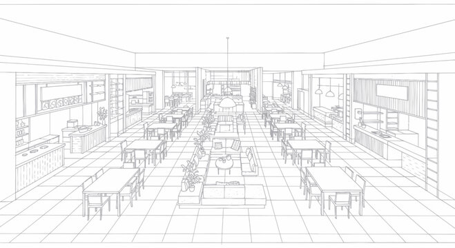 Modern Restaurant Interior Design Sketch with Tables and Chairs.