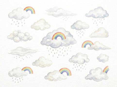 A set of illustrated fluffy clouds with rainbows and raindrops