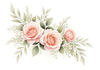 Fototapeta premium A bouquet of pink roses and green leaves on a white background