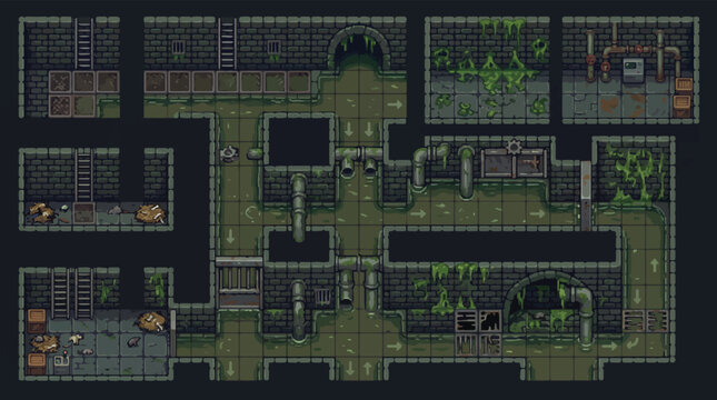 Pixel art dungeon tileset for game design, retro sewer level map with stone walls and green slime, 8-bit underground basement environment vector