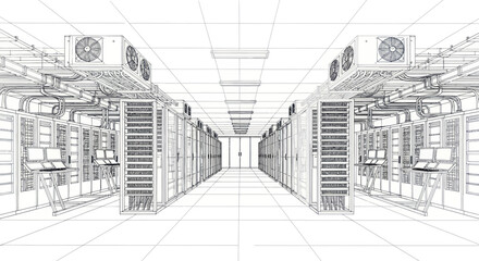Server Room Wireframe Blueprint Technology Infrastructure. © Dika