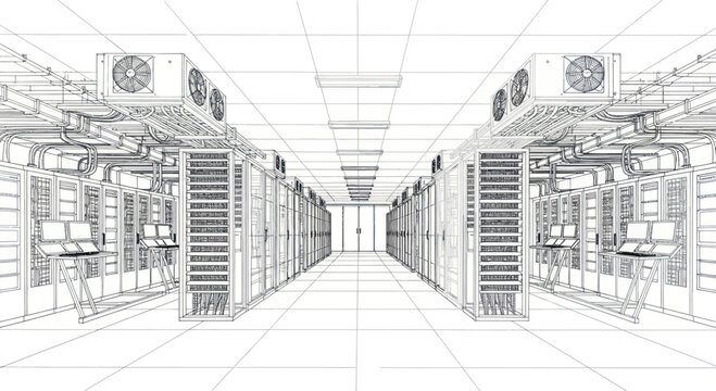 Server Room Wireframe Blueprint Technology Infrastructure.