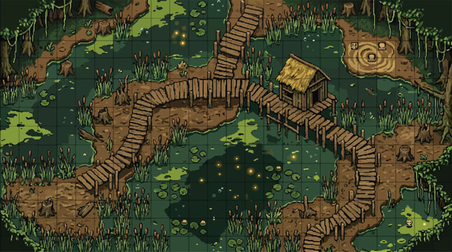 Isometric fantasy swamp battle map vector, dark forest bayou with wooden boardwalks and hut, tabletop rpg game environment background