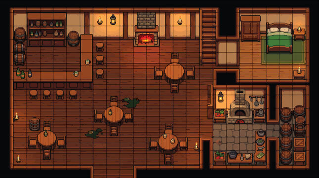 Pixel art medieval tavern interior map, retro 16-bit fantasy inn game assets, cozy wooden tavern with fireplace and bar for RPG level design