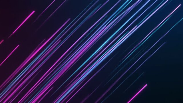 Seamlessly looping 3D animation featuring high-speed diagonal light trails in vibrant purple and neon blue colors rushing across a dark grid backdrop.