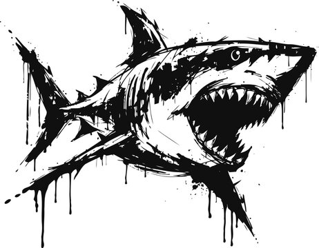 Aggressive shark illustration with open jaws and sharp teeth in black ink drawing