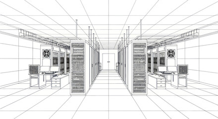 Wireframe blueprint of a modern data center server room infrastructure design. © Dika