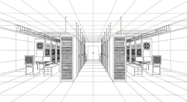Wireframe blueprint of a modern data center server room infrastructure design.