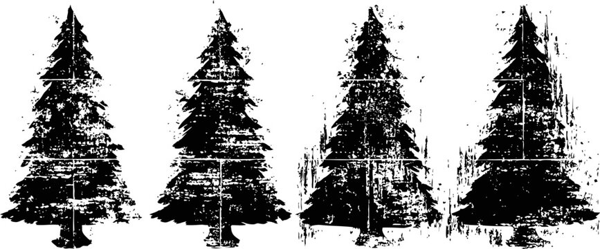 grunge pine trees silhouettes set with rough texture and distressed ink effect