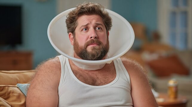Man wearing a large plastic cone collar sits on a couch in a living room, displaying a confused expression while dressed in a white tank top