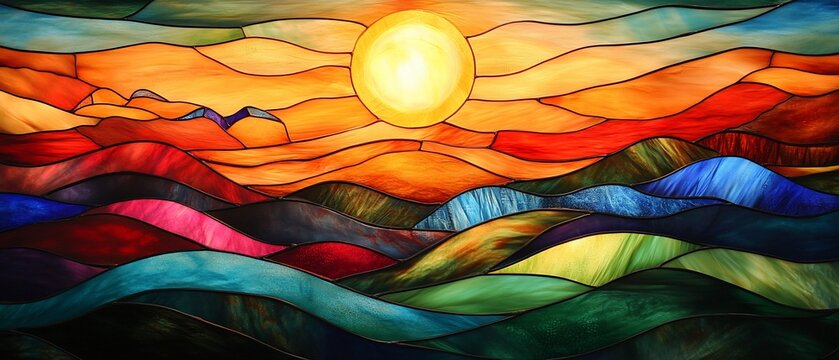Sunset stained glass mountainscape window art