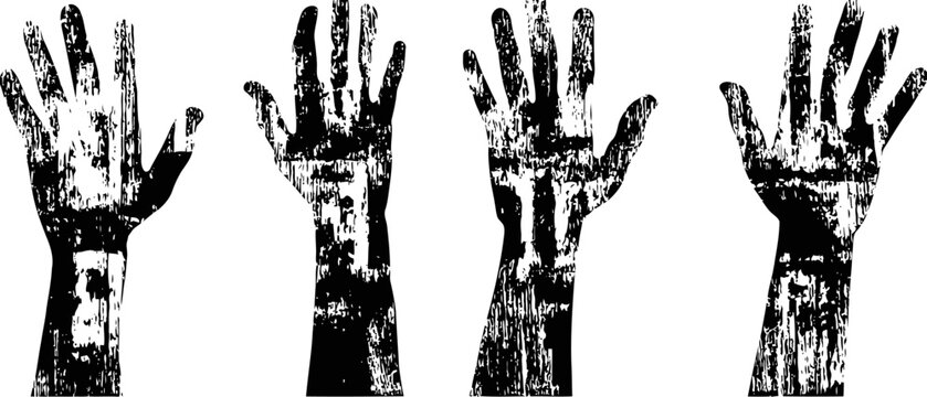 set of four black painted human hands raised up isolated on white background
