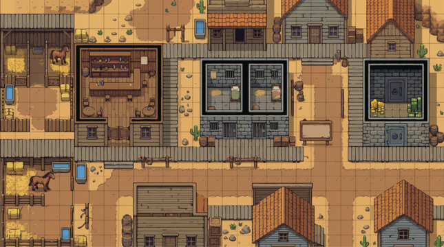 Pixel art wild west town map, retro 16-bit game environment with saloon and stables, vintage western desert village landscape for RPG games