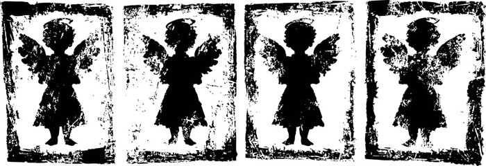 Fototapeta premium silhouetted angels with wings in distressed vintage stamp style, black and white design