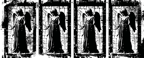 Fototapeta premium Gothic angel statue in an arched stone window opening with wings and flowing robe, dark silhouette art