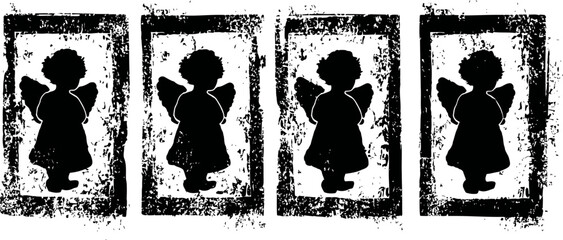 Fototapeta premium Four black silhouette angel stamps with rough edges on white background