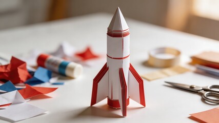 Obraz premium A paper rocket sits on a table surrounded by crafting supplies, showcasing a creative and fun project for kids and adults alike to explore their imagination and learn about science and technology.