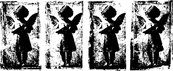 Fototapeta premium Black silhouette of an angel with horns reading a book, distressed grunge texture repeated in four vertical panels