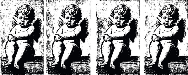 Fototapeta premium four identical vintage cherub statues seated with wings and folded arms in grayscale