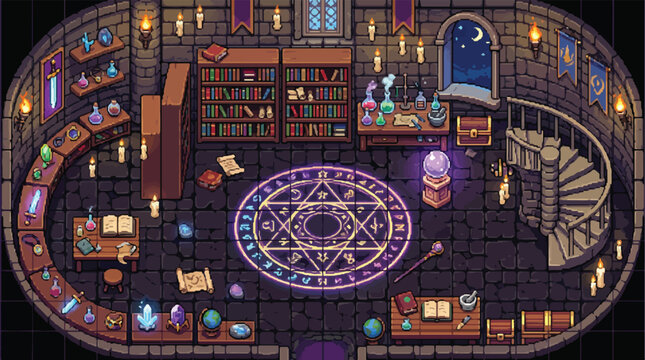 Pixel art wizard tower interior with magic circle and library, isometric fantasy alchemy laboratory, medieval dungeon room for game design