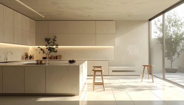 Bright and Minimalist Kitchen Interior with Natural Light.