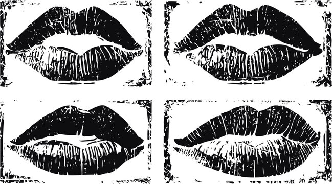 Black lipstick kiss marks stamps set with vintage grunge texture effect vector lips prints in various poses