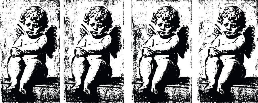 four identical vintage cherub statues seated with wings and folded arms in grayscale