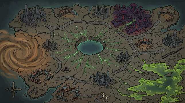 Fantasy world map with dark wasteland terrain, hand drawn tabletop RPG game map vector, post-apocalyptic landscape with crater and glowing green energy