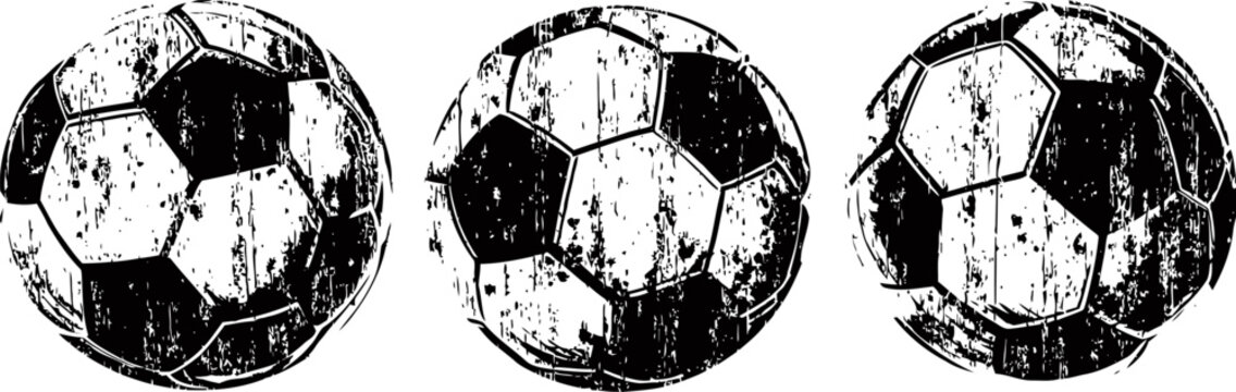 vintage grunge soccer balls set with worn textures and distressed black and white patterns
