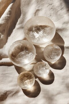 Overhead composition featuring crystal bowls for mindfulness with a clean space for messaging