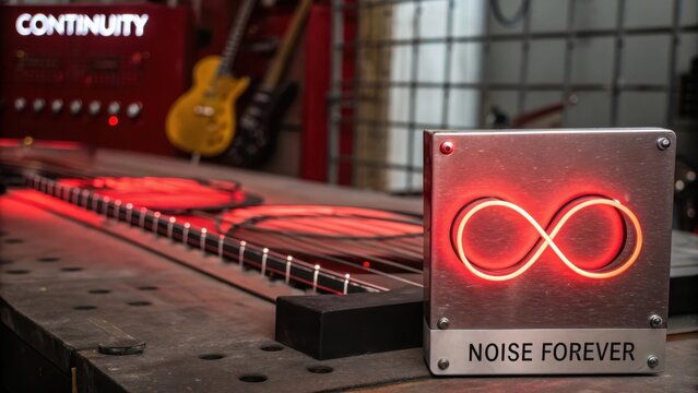 Electric guitar strings form infinity symbol next to amplifier