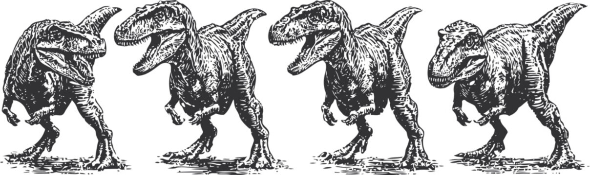 Vintage black and white t rex dinosaur sketches in various poses prehistoric reptile illustrations