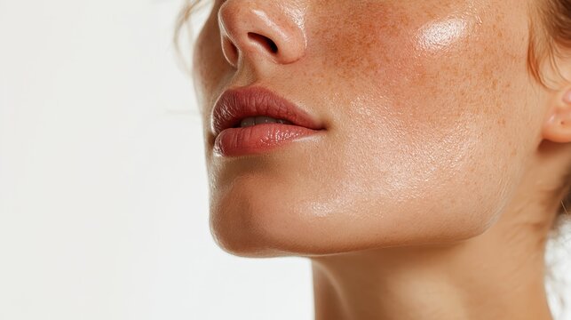 Woman's natural glowing skin close up, showcasing healthy, refreshed complexion and freckles, representing youth, hydration, and dermatology concepts
