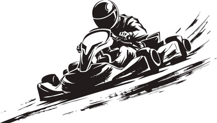 Naklejka premium Kart racing driver in dynamic pose speeding on track, helmet and racing suit
